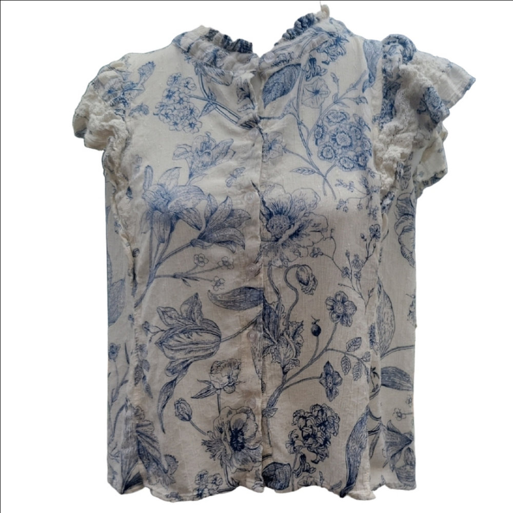 Rachel Blue and White Ruffled Mandarin Collar Blouse